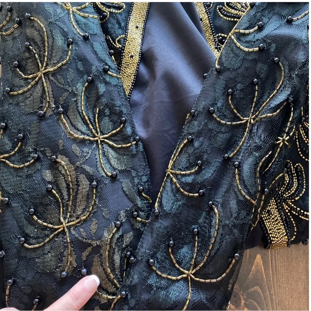 LAURENCE KAZAR XL Black Gold Beaded Jacket Blazer Evening Holiday Cocktail Top - Picture 7 of 13
